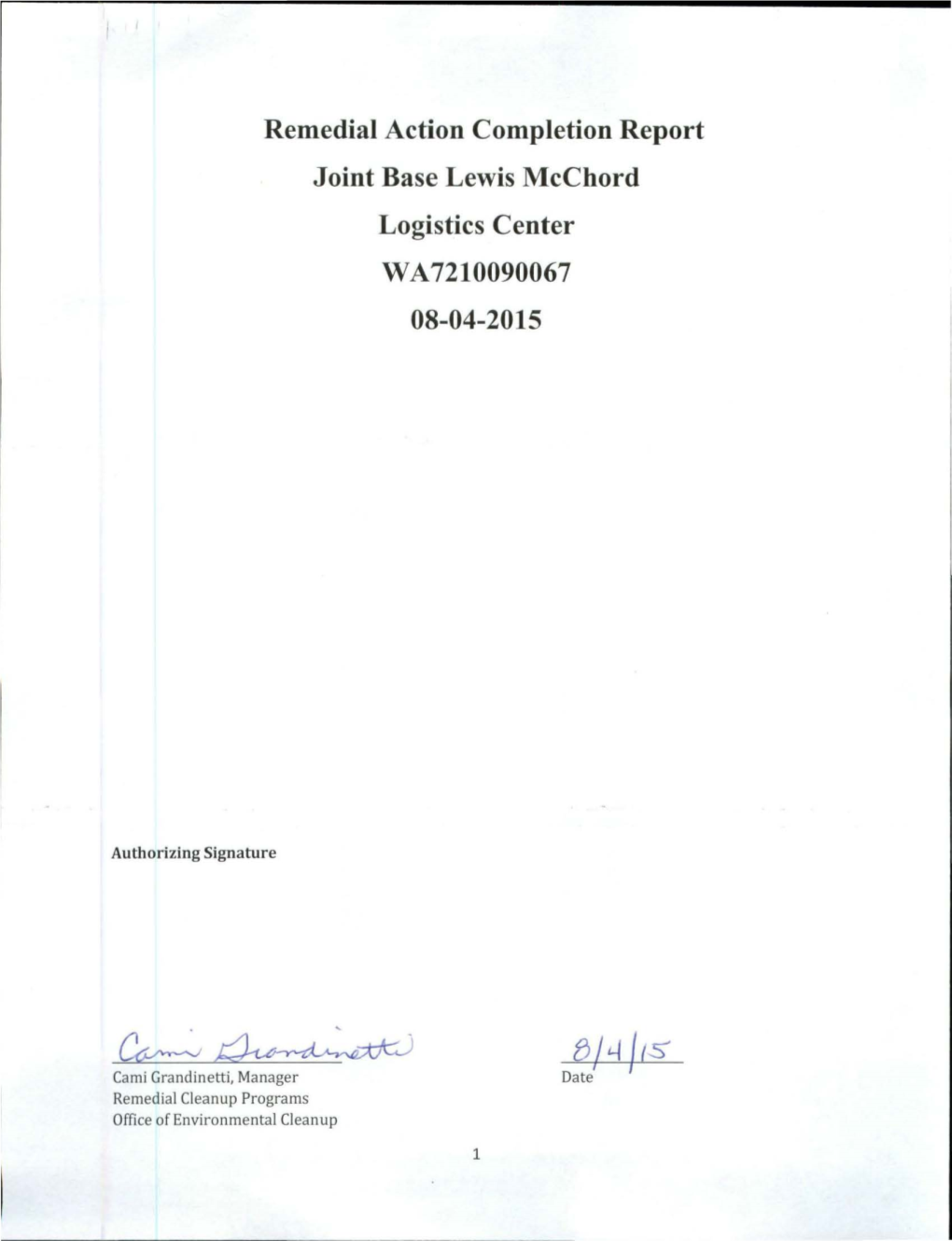 Remedial Action Completion Report, Joint Base Lewis Mcchord