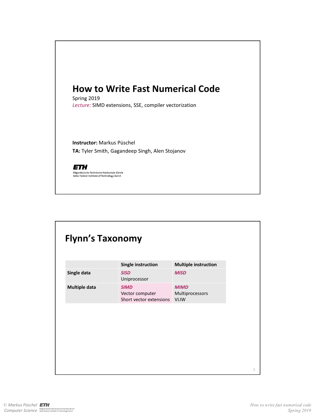 How to Write Fast Numerical Code Spring 2019 Lecture: SIMD Extensions, SSE, Compiler Vectorization