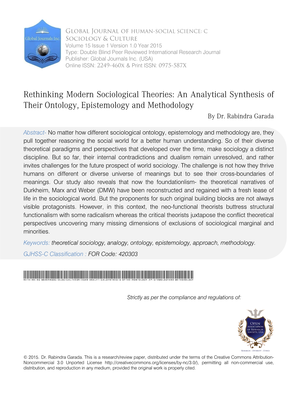 Rethinking Modern Sociological Theories: an Analytical Synthesis of Their Ontology, Epistemology and Methodology by Dr