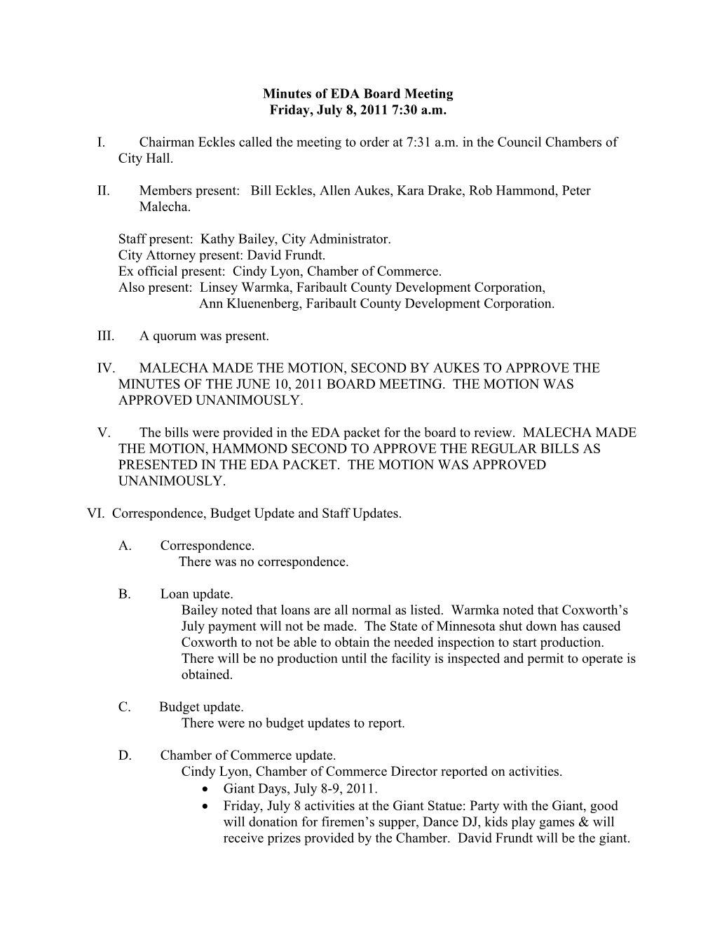 Minutes of EDA Board Meeting