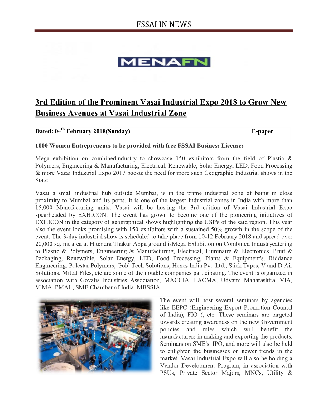 3Rd Edition of the Prominent Vasai Industrial Expo 2018 to Grow New Business Avenues at Vasai Industrial Zone