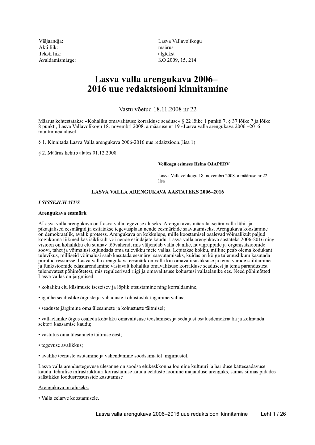 Lasva Valla Arengukava 2006– 2016 Uue Redaktsiooni Kinnitamine