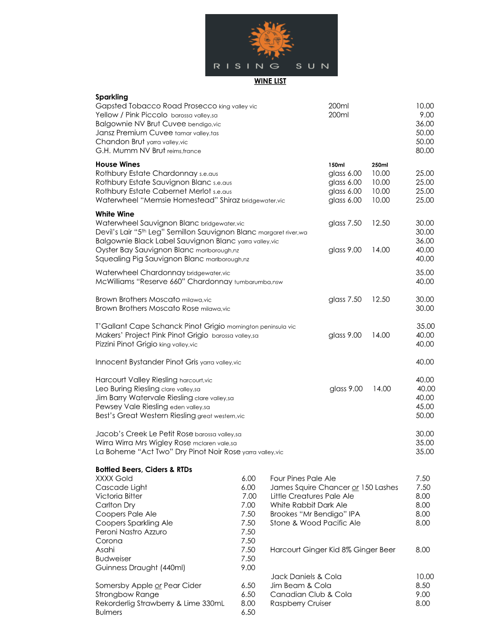 WINE LIST Sparkling Gapsted Tobacco Road Prosecco King Valley