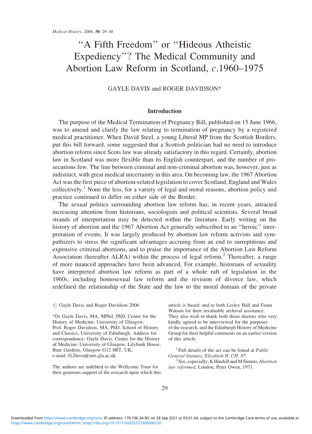 The Medical Community and Abortion Law Reform in Scotland, C.1960–1975