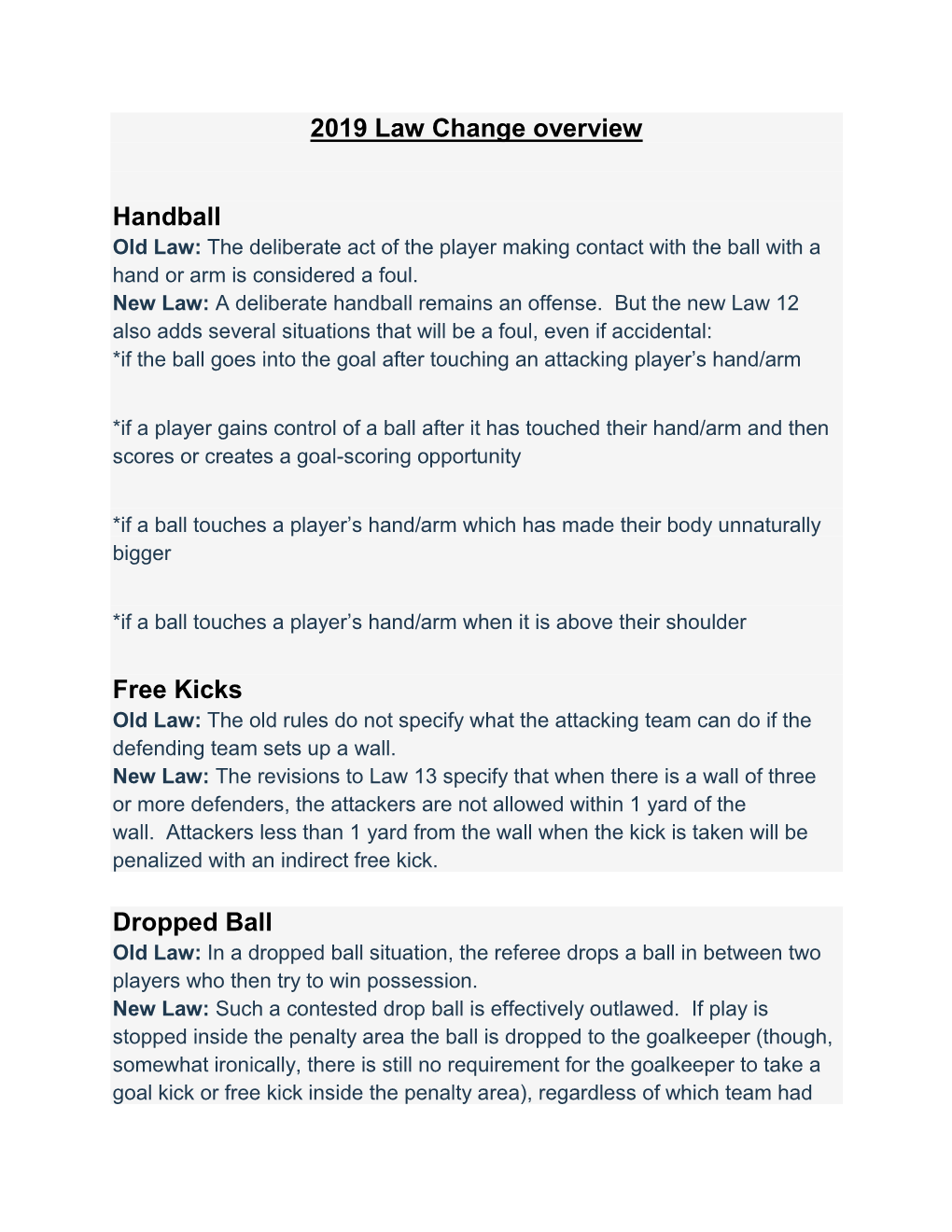 2019 Law Change Overview Handball Free Kicks Dropped Ball
