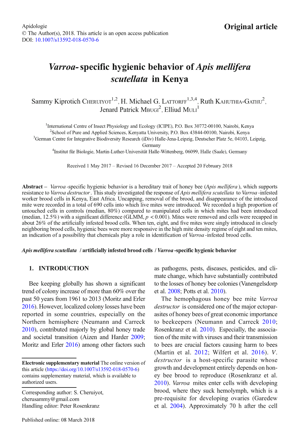 Varroa-Specific Hygienic Behavior of Apis Mellifera Scutellata in Kenya