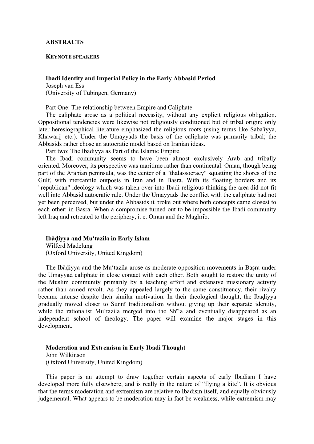 ABSTRACTS Ibadi Identity and Imperial Policy in the Early Abbasid