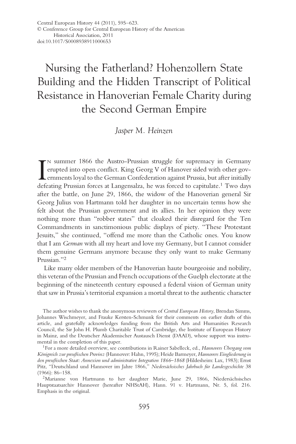 Hohenzollern State Building and the Hidden Transcript of Political Resistance in Hanoverian Female Charity During the Second German Empire