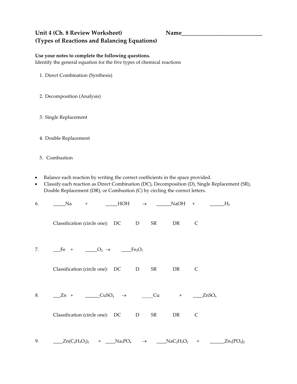 Types of Reactions and Balancing Equations