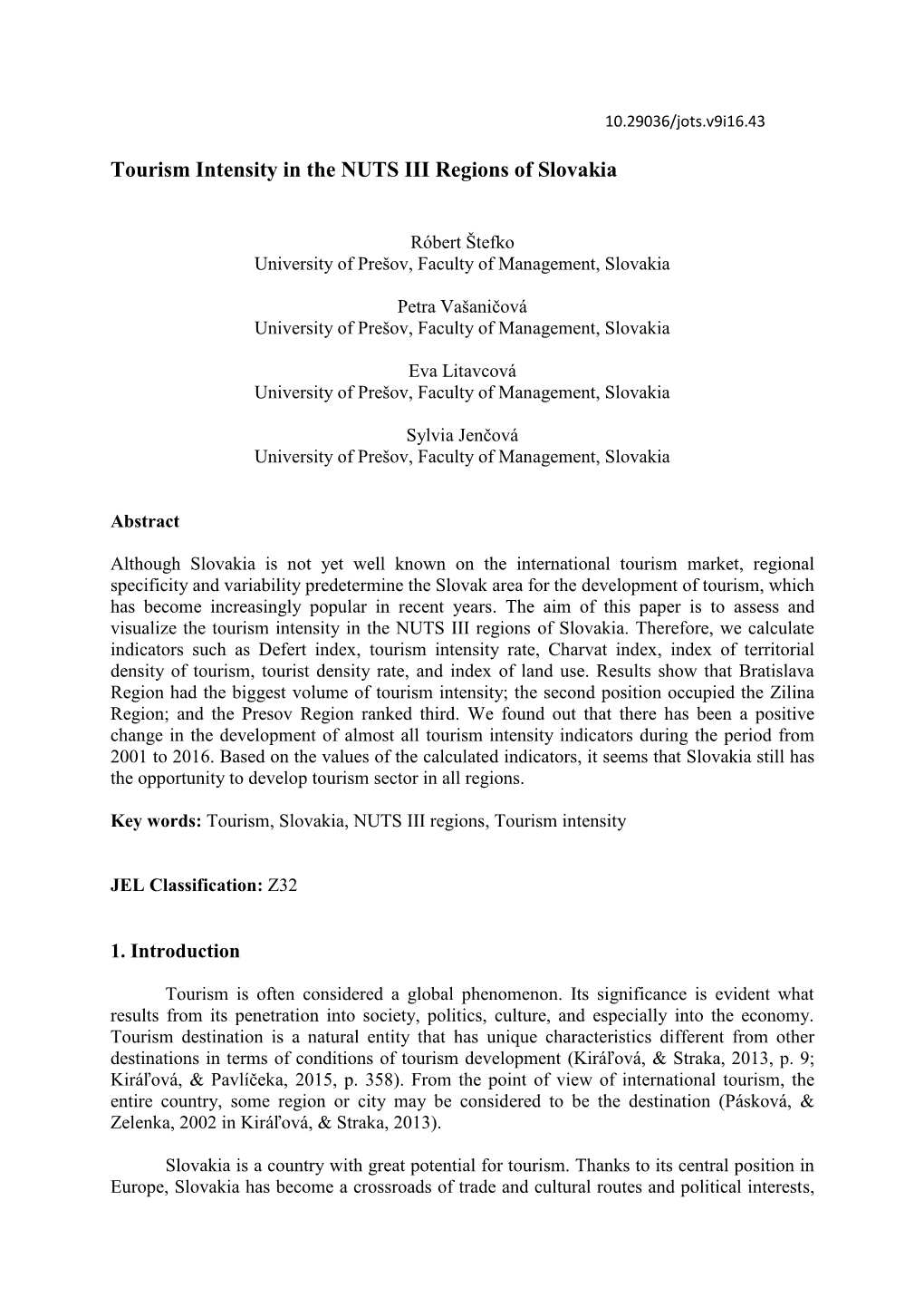 Tourism Intensity in the NUTS III Regions of Slovakia