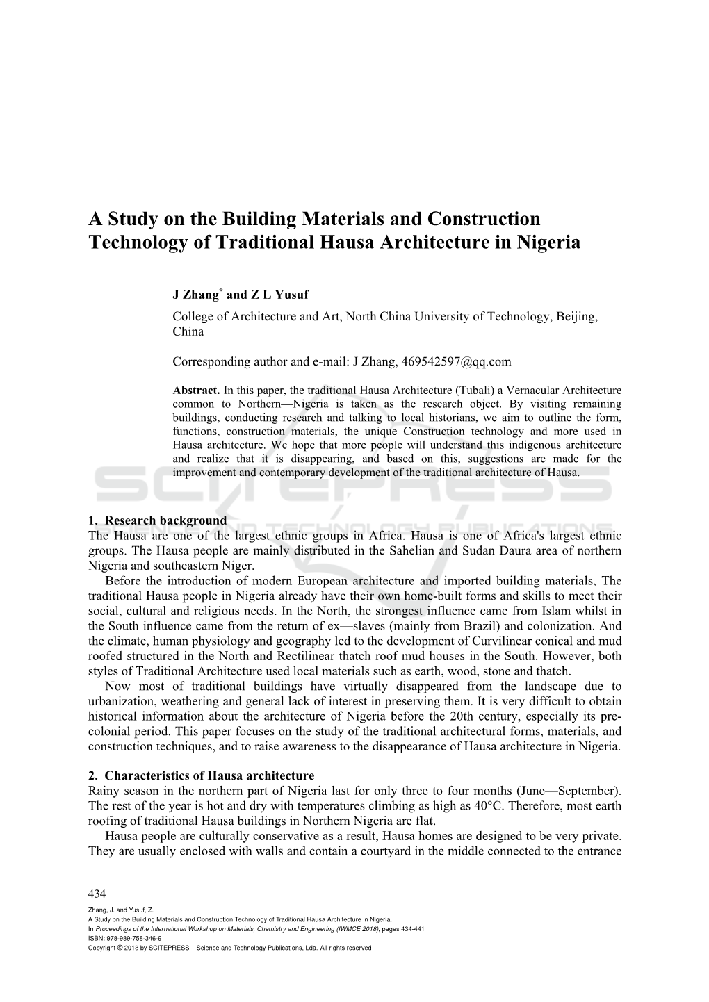 A Study on the Building Materials and Construction Technology of Traditional Hausa Architecture in Nigeria