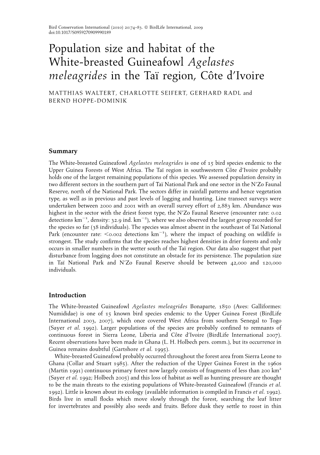 Population Size and Habitat of the White-Breasted Guineafowl Agelastes Meleagrides in the Taı¨ Region, Coˆte D’Ivoire