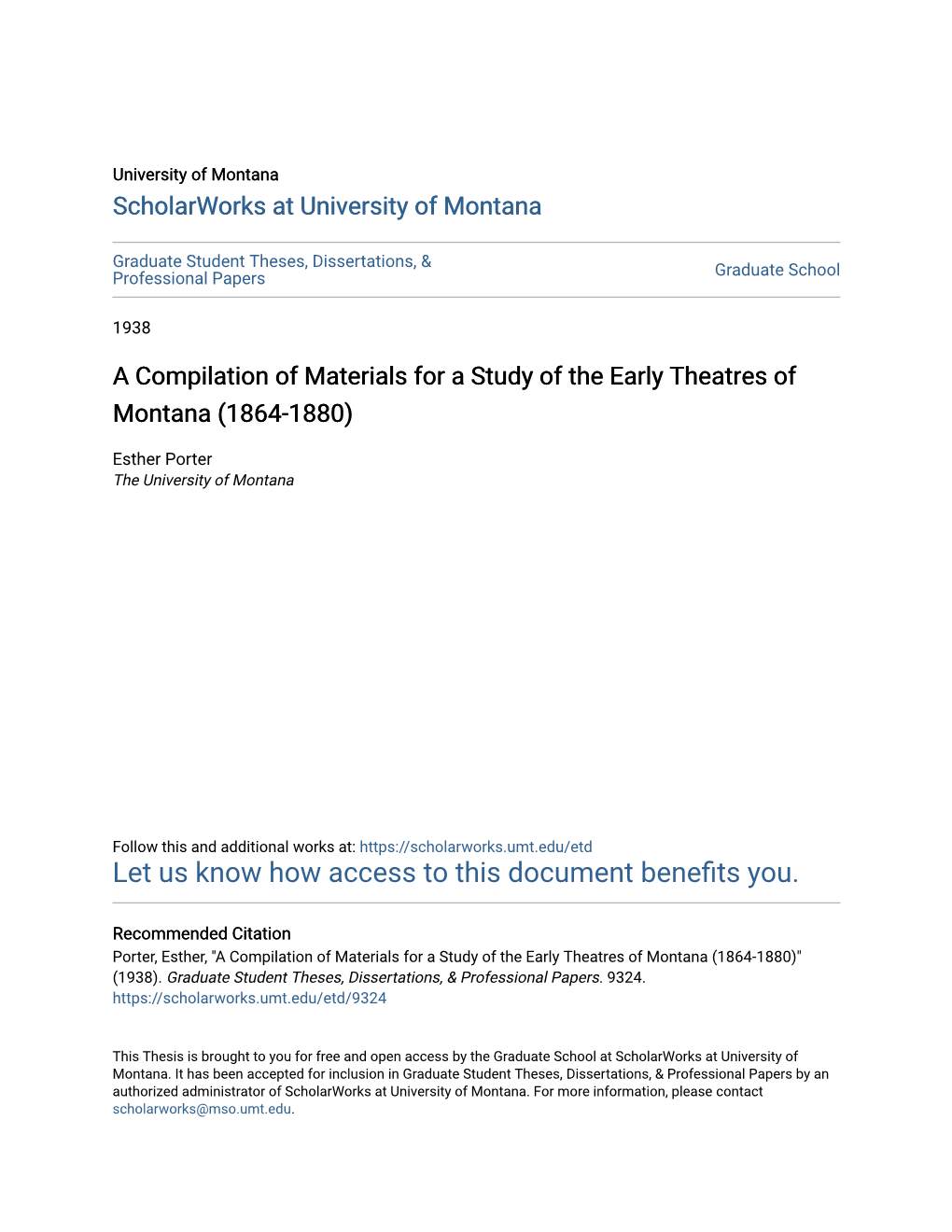 A Compilation of Materials for a Study of the Early Theatres of Montana (1864-1880)