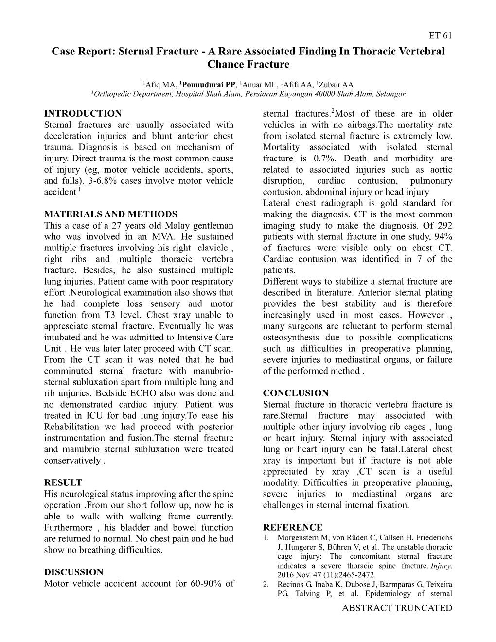 Case Report: Sternal Fracture – a Rare Associated Finding In