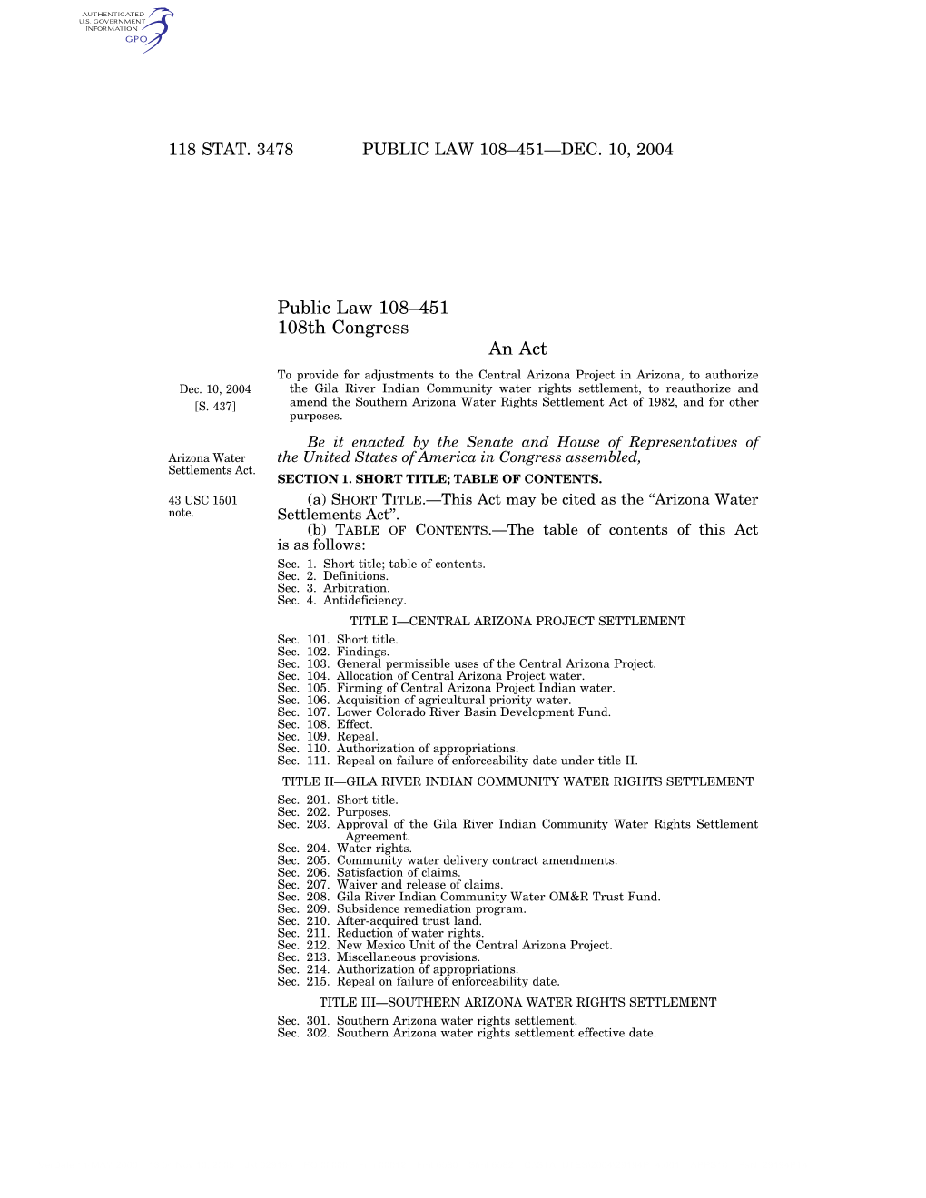 Public Law 108–451 108Th Congress an Act to Provide for Adjustments to the Central Arizona Project in Arizona, to Authorize Dec