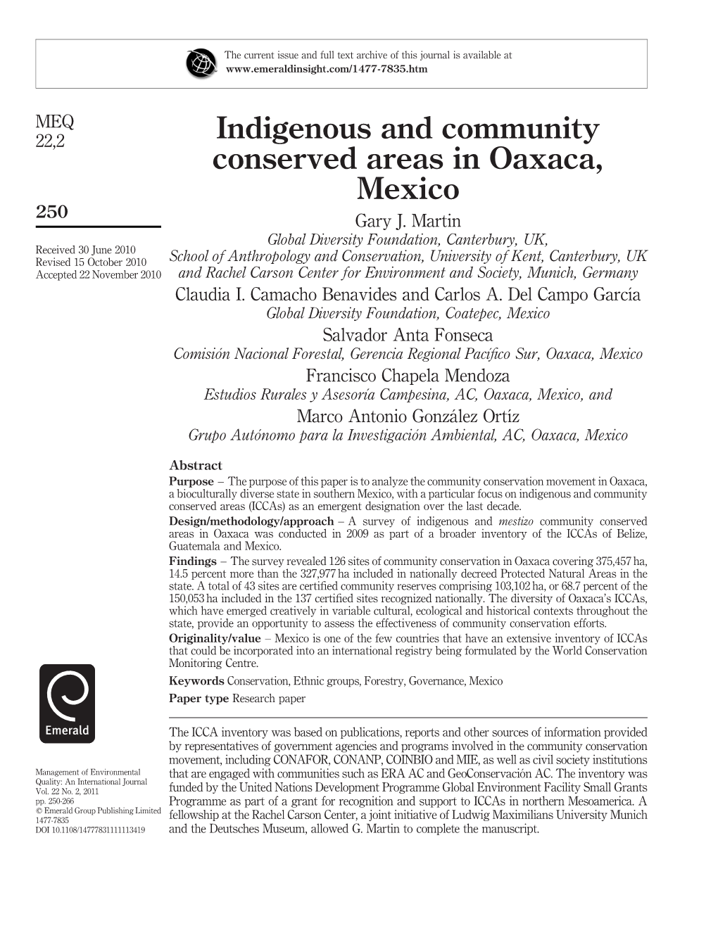 Indigenous and Community Conserved Areas in Oaxaca, Mexico 250 Gary J