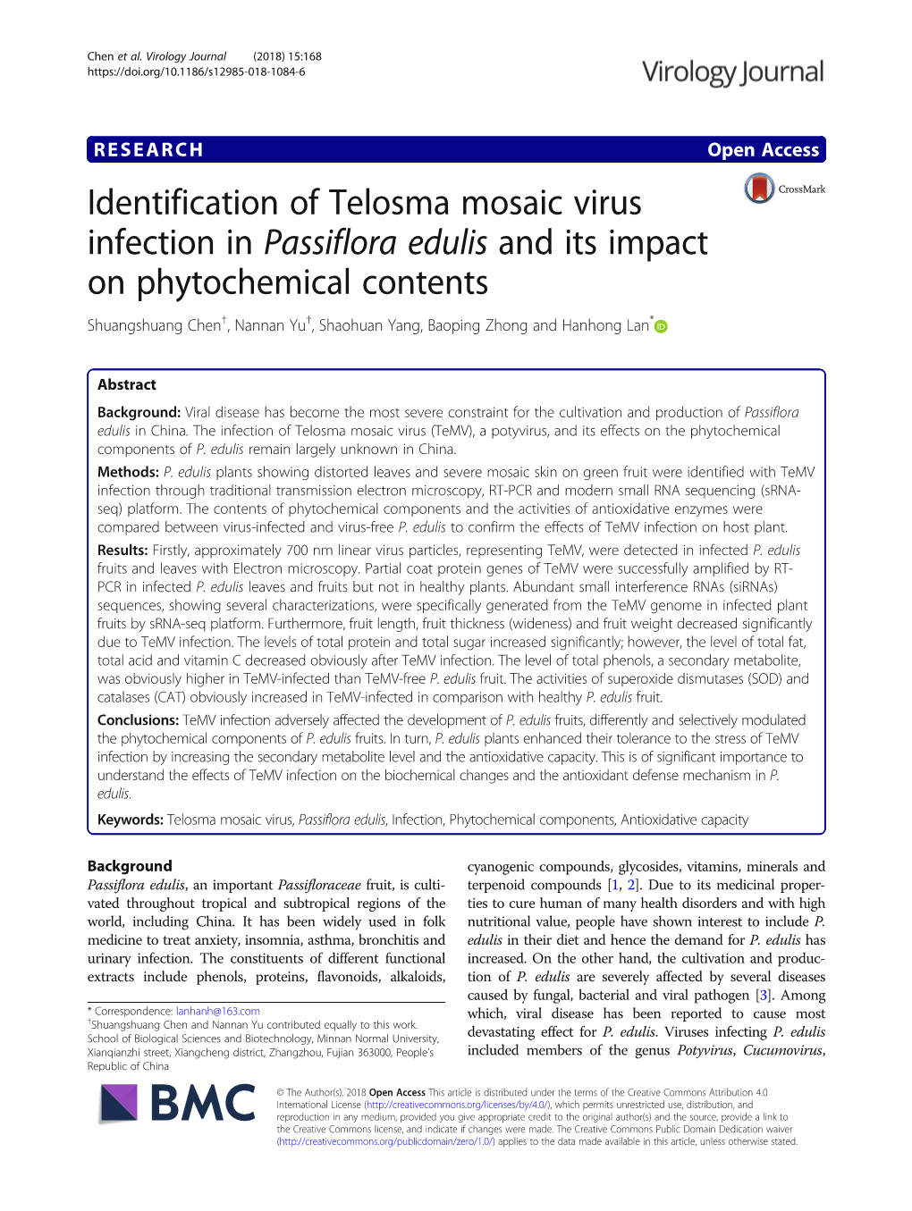 Identification of Telosma Mosaic Virus Infection in Passiflora Edulis and Its