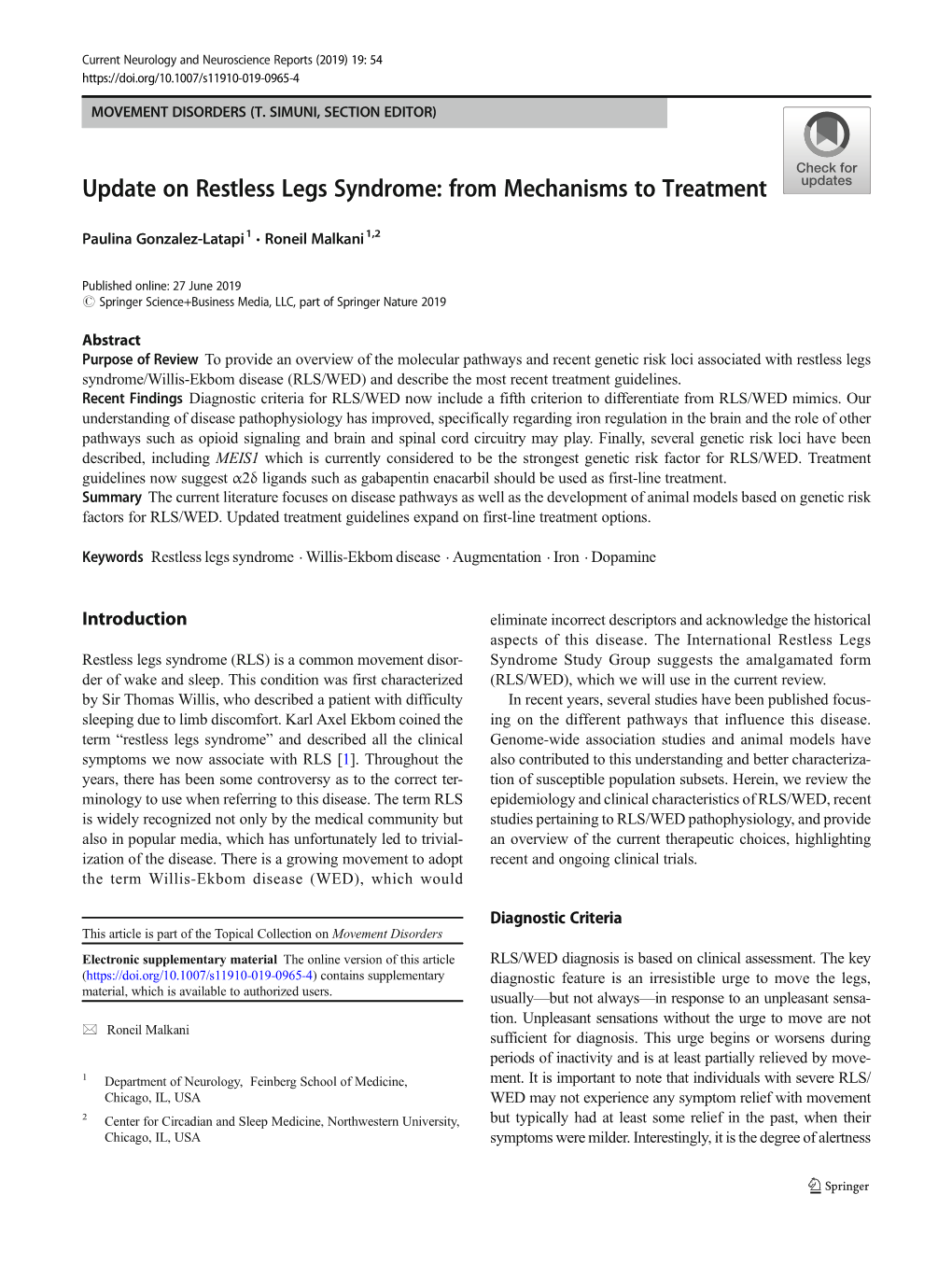 Update on Restless Legs Syndrome: from Mechanisms to Treatment