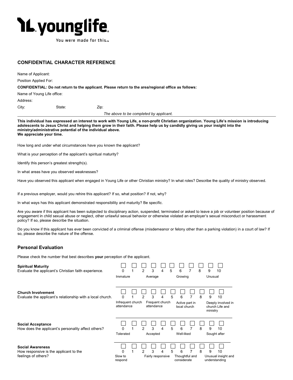 Confidential Character Reference