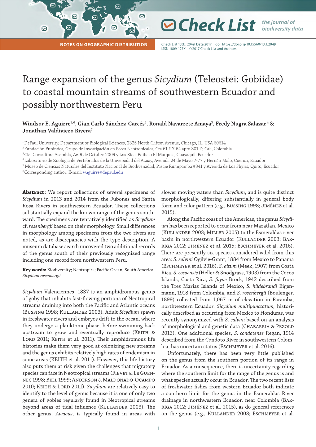 Sicydium (Teleostei: Gobiidae) to Coastal Mountain Streams of Southwestern Ecuador and Possibly Northwestern Peru