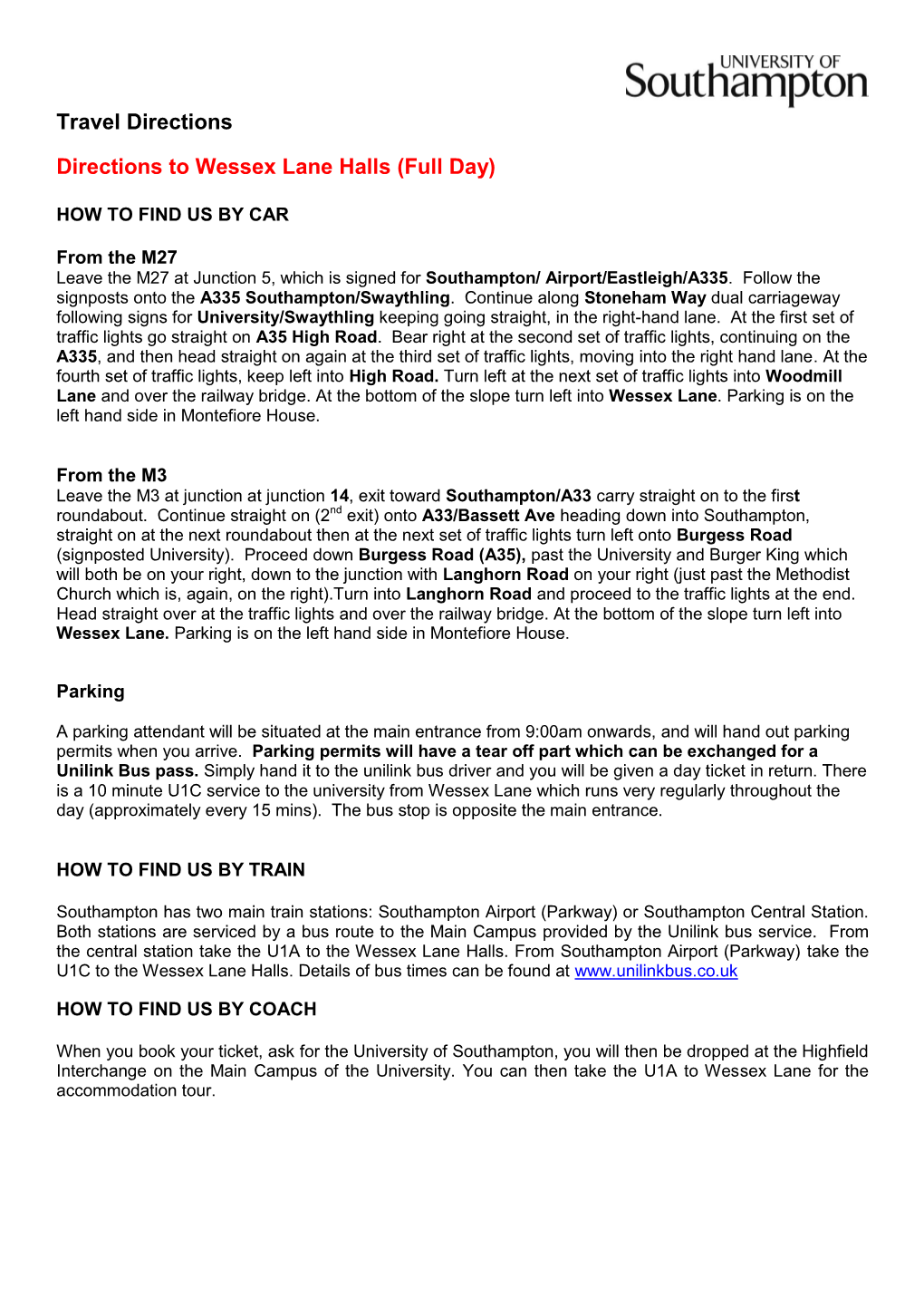 Travel Directions Directions to Wessex Lane Halls