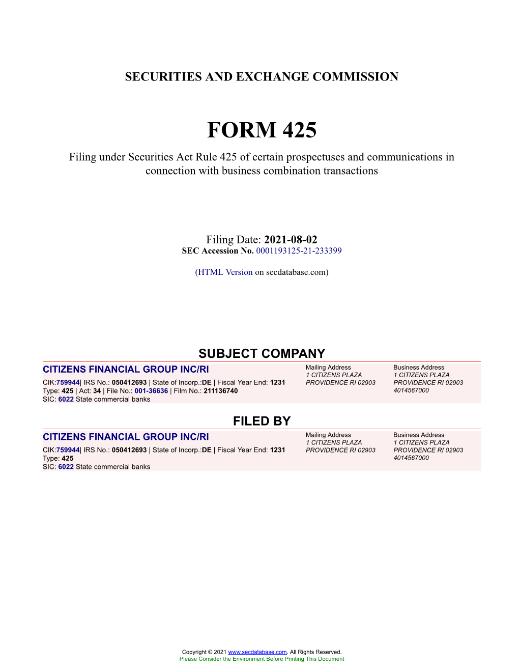 CITIZENS FINANCIAL GROUP INC/RI Form 425 Filed 2021-08-02