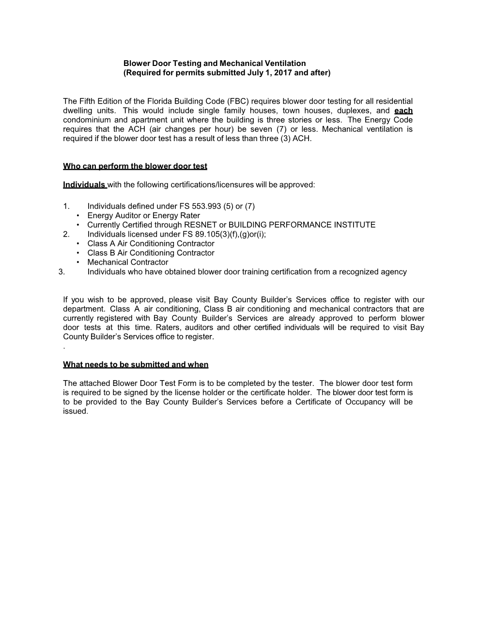 Blower Door Testing and Mechanical Ventilation (Required for Permits Submitted July 1, 2017 and After)