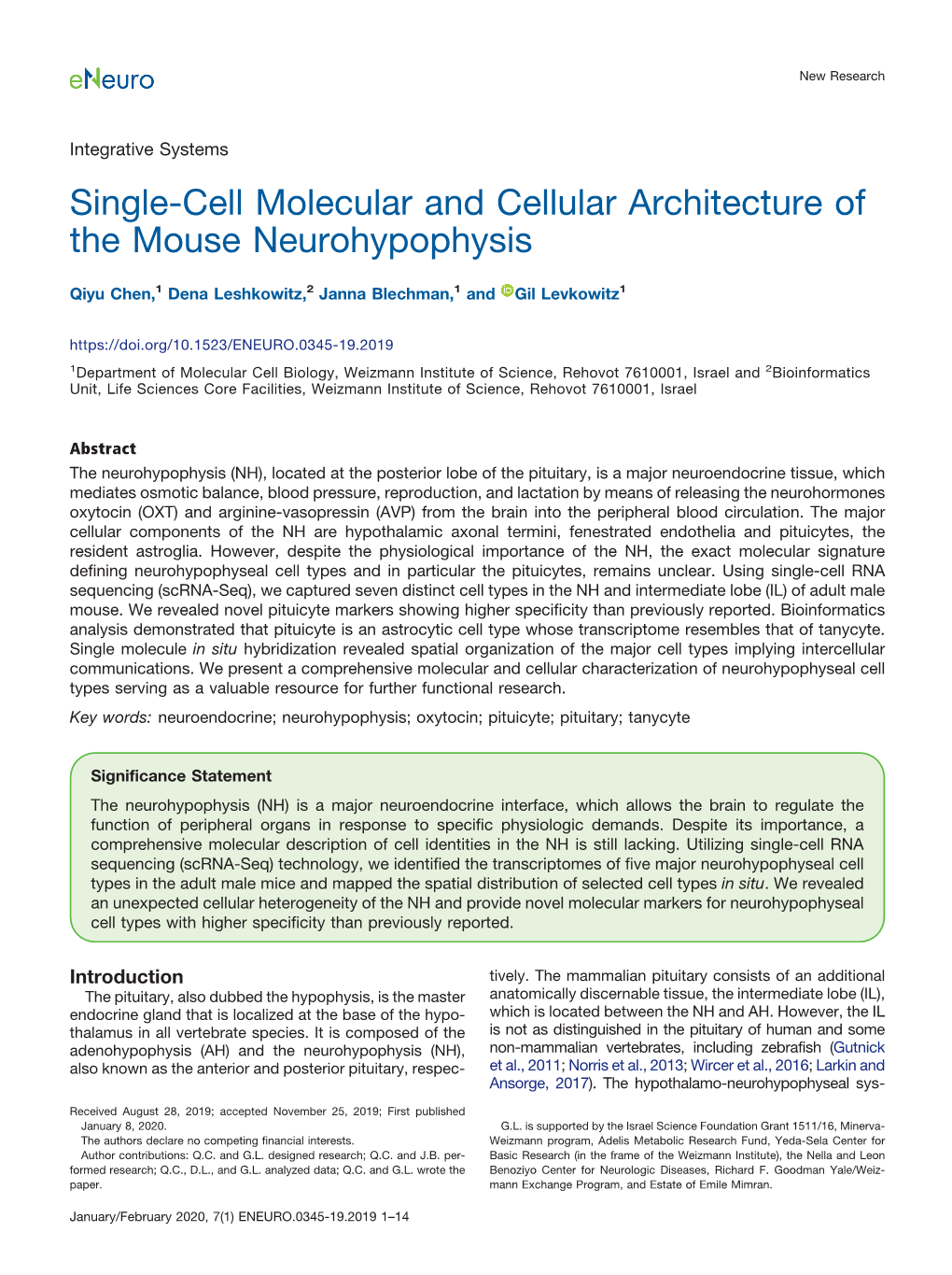 Single-Cell Molecular and Cellular Architecture of the Mouse Neurohypophysis