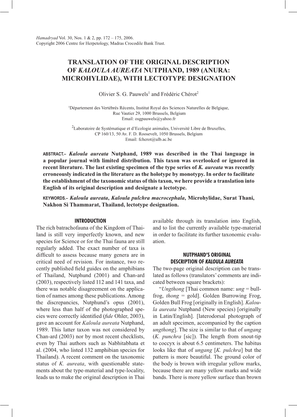 Translation of the Original Description of Kaloula Aureata Nutphand, 1989 (Anura: Microhylidae), with Lectotype Designation