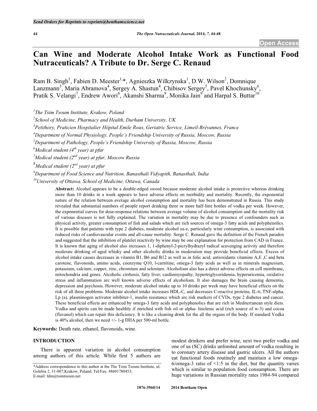 Can Wine and Moderate Alcohol Intake Work As Functional Food Nutraceuticals? a Tribute to Dr