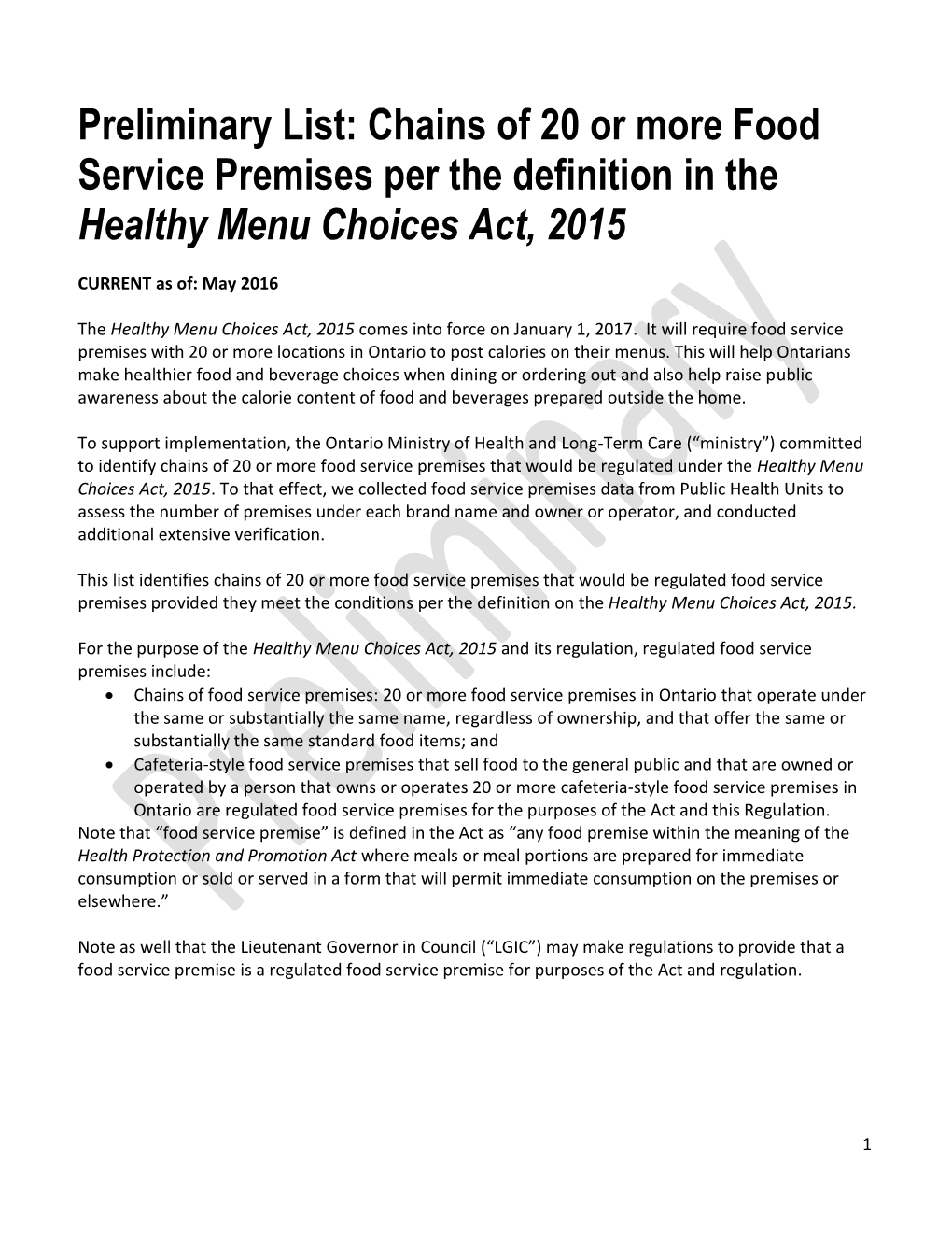 Chains of 20 Or More Food Service Premises Per the Definition in the Healthy Menu Choices Act, 2015