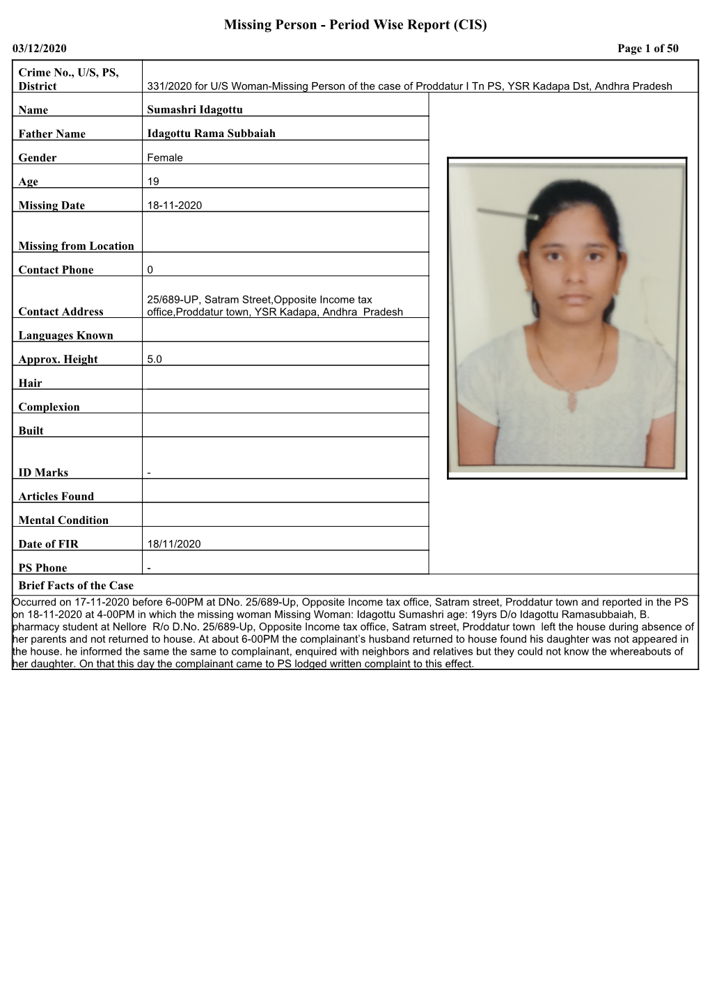 Missing Person - Period Wise Report (CIS) 03/12/2020 Page 1 of 50