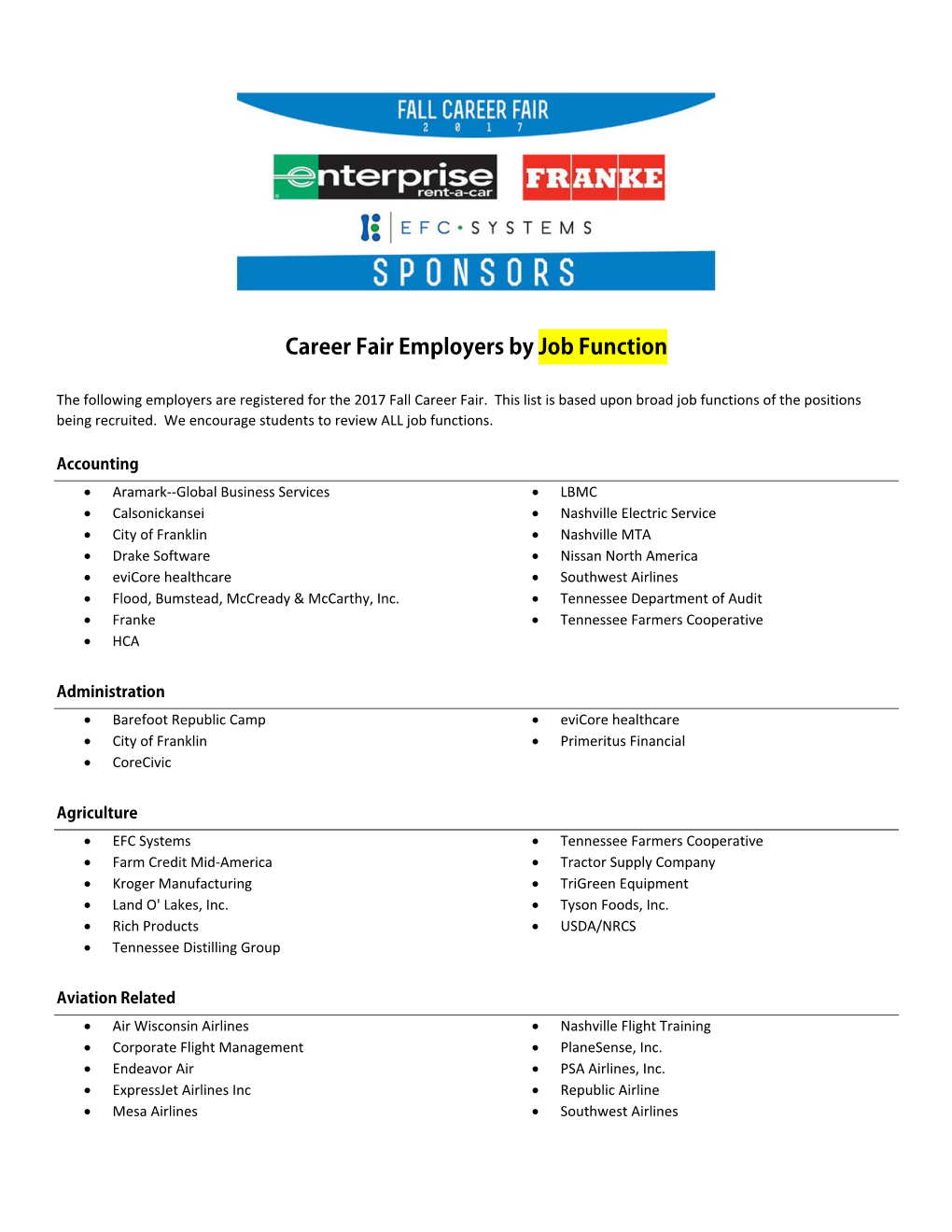 Career Fair Employers by Job Function