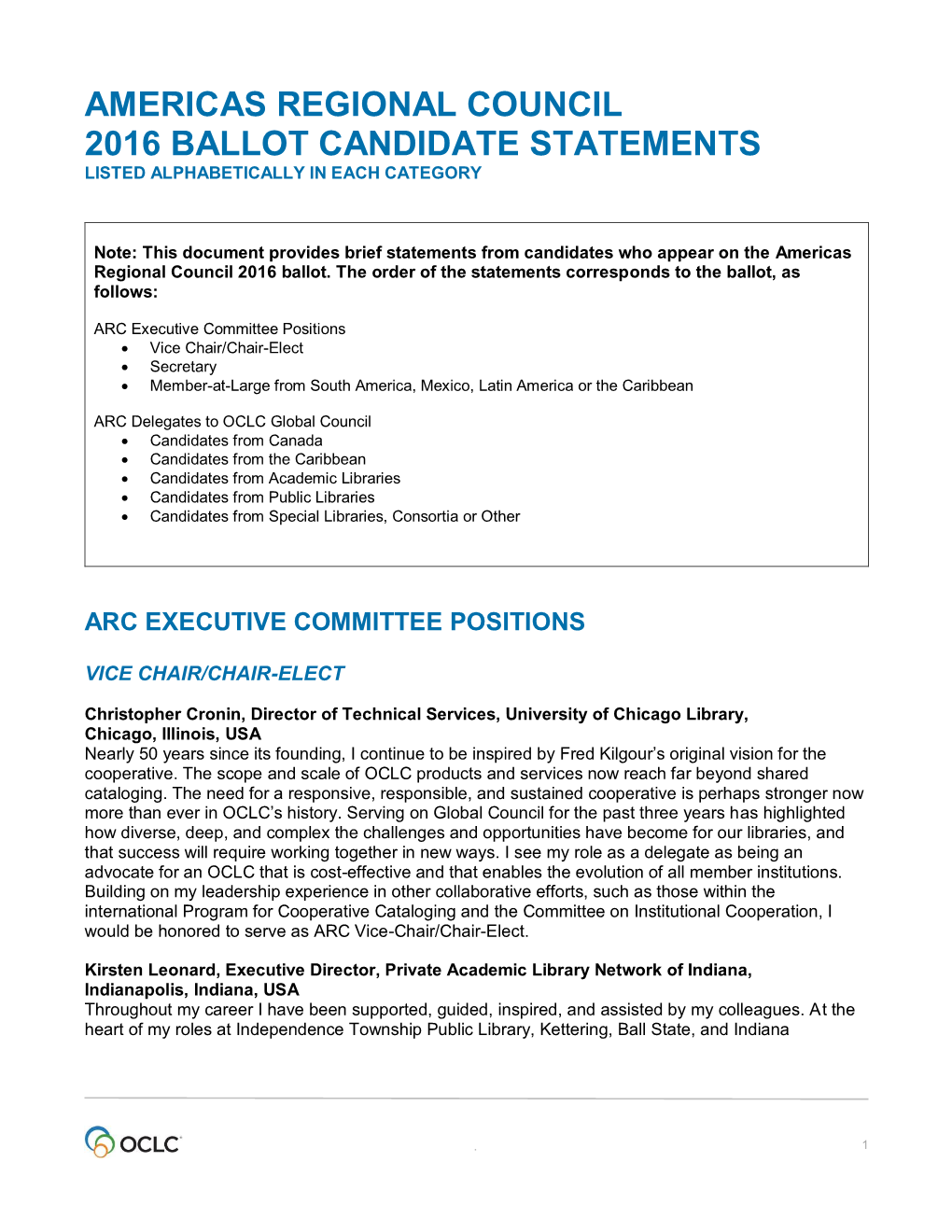 Americas Regional Council 2016 Ballot Candidate Statements Listed Alphabetically in Each Category