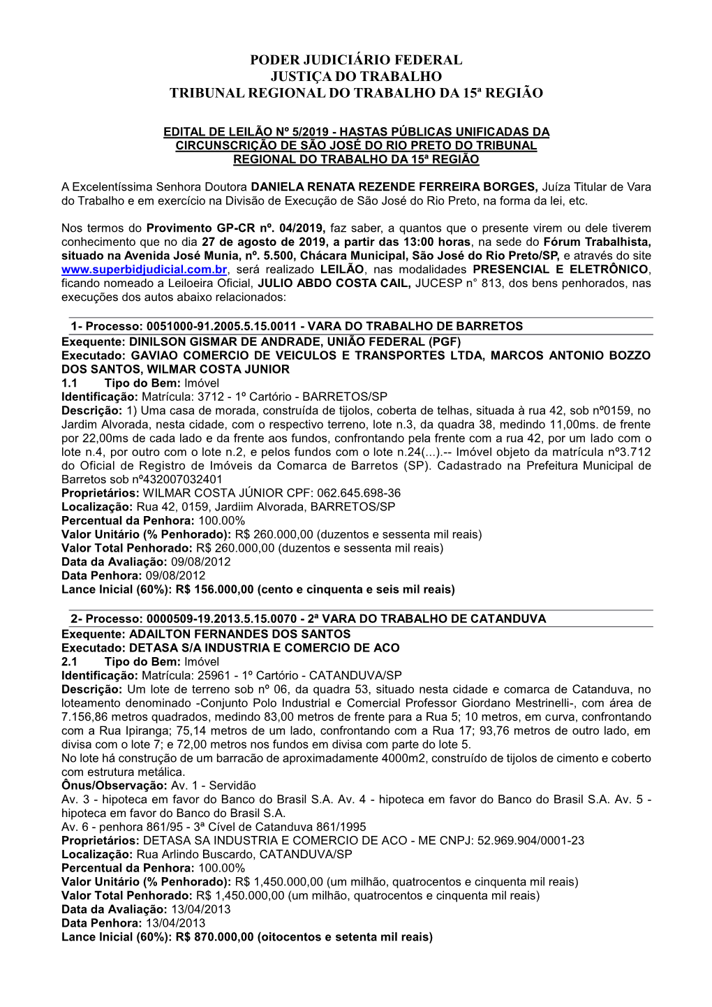 Poder Judiciário Federal Justiça Do Trabalho Tribunal Regional Do Trabalho Da 15ª Região