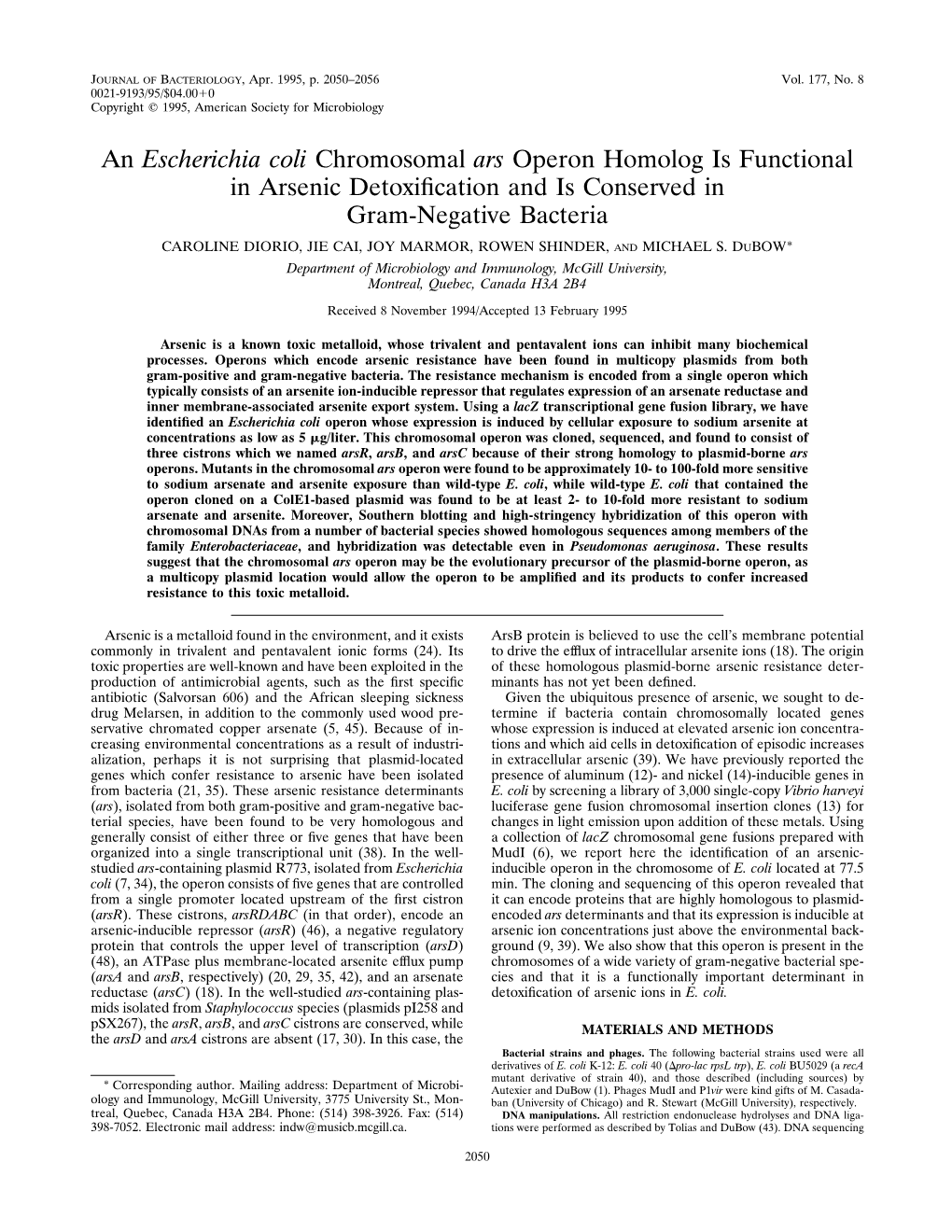 An Escherichia Coli Chromosomal Ars Operon Homolog Is Functional in Arsenic Detoxiﬁcation and Is Conserved in Gram-Negative Bacteria