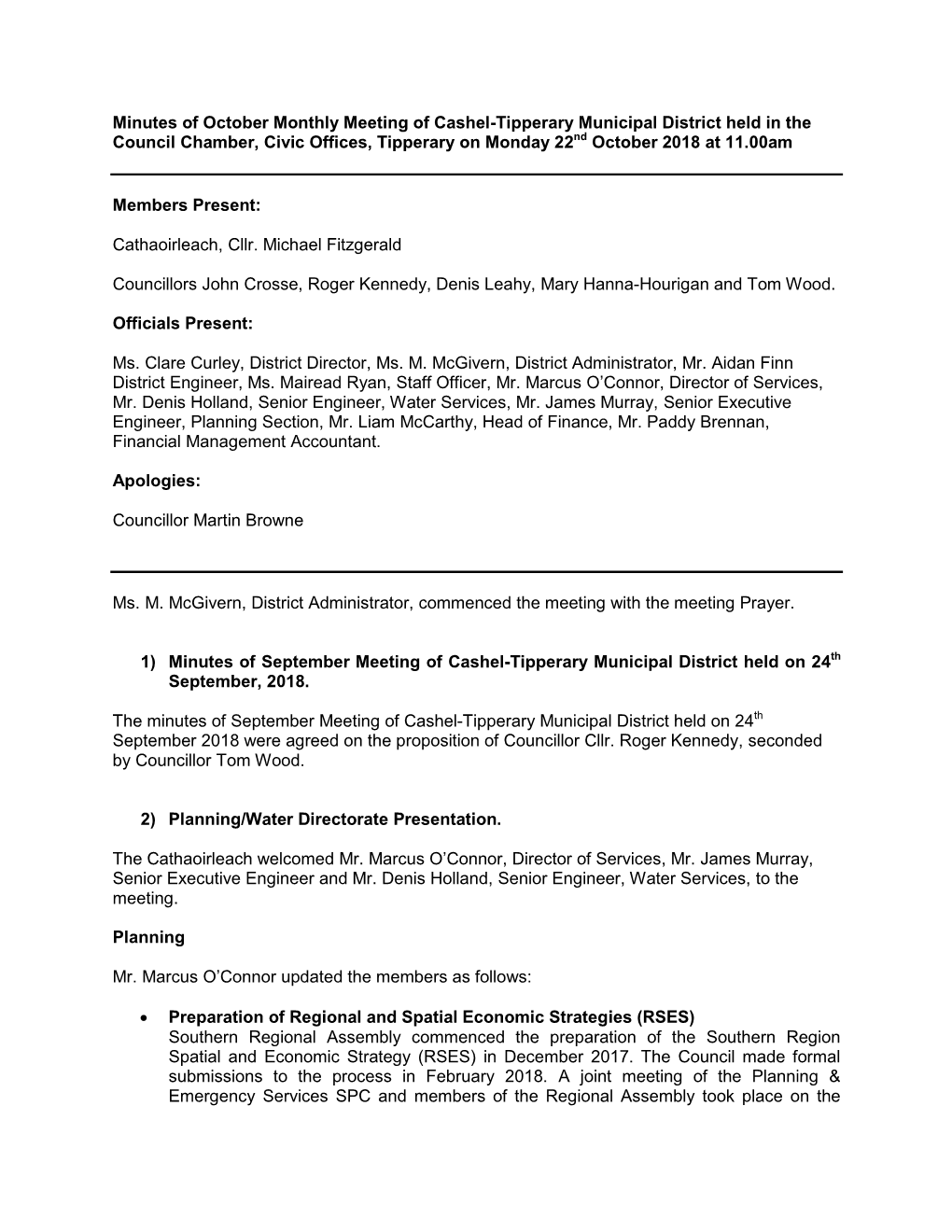 Minutes of October Monthly Meeting of Cashel-Tipperary Municipal District