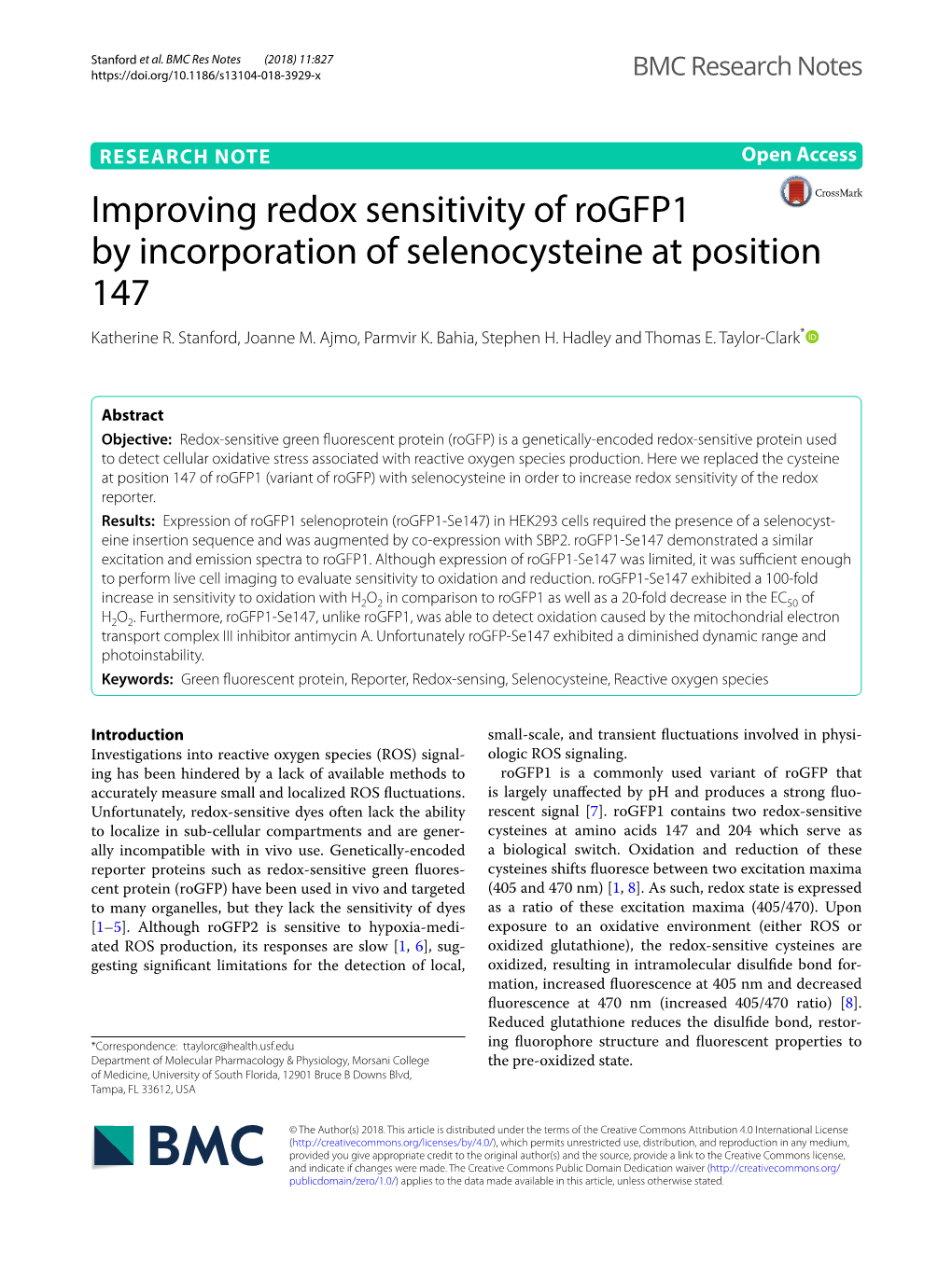 Improving Redox Sensitivity of Rogfp1 by Incorporation of Selenocysteine at Position 147 Katherine R