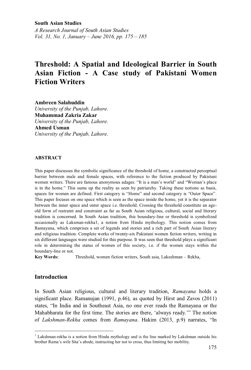 A Spatial and Ideological Barrier in South Asian Fiction - a Case Study of Pakistani Women Fiction Writers