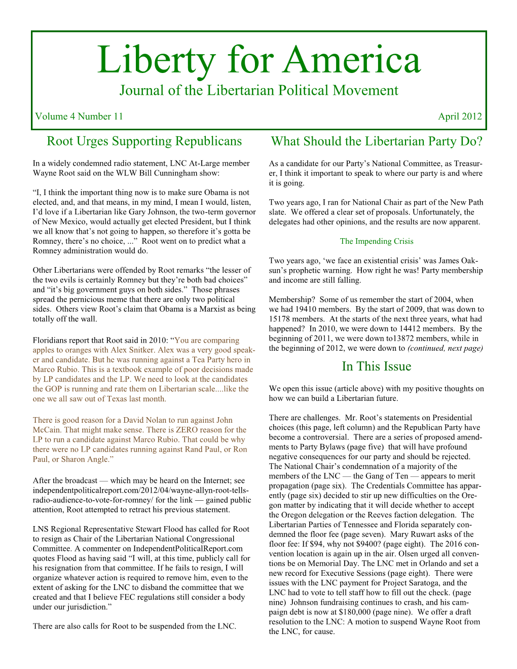 Liberty for America Journal of the Libertarian Political Movement