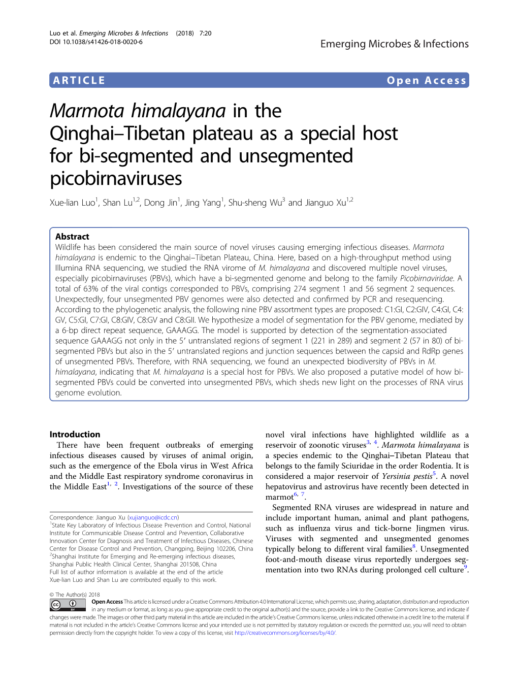 Marmota Himalayana in the Qinghaiâ€“Tibetan Plateau As a Special Host for Bi-Segmented and Unsegmented Picobirnaviruses