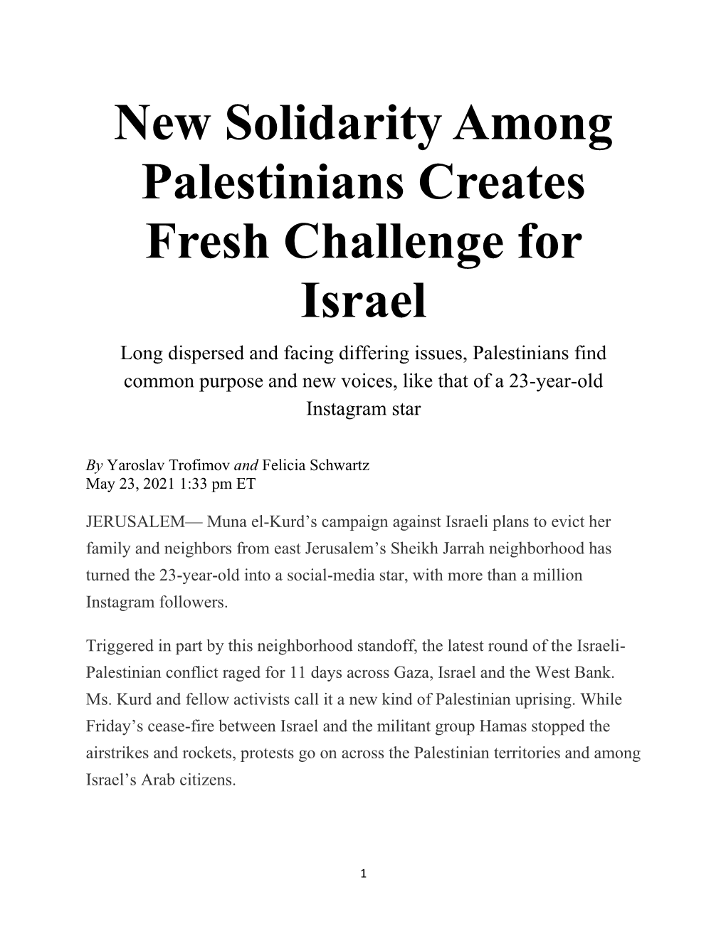 New Solidarity Among Palestinians Creates Fresh Challenge for Israel