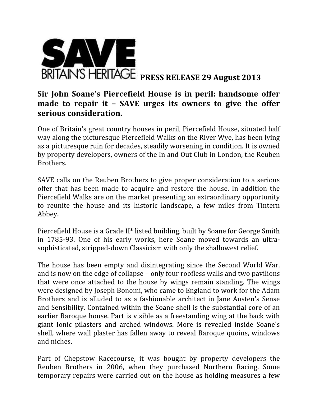 PRESS RELEASE 29 August 2013 Sir John Soane's Piercefield House Is