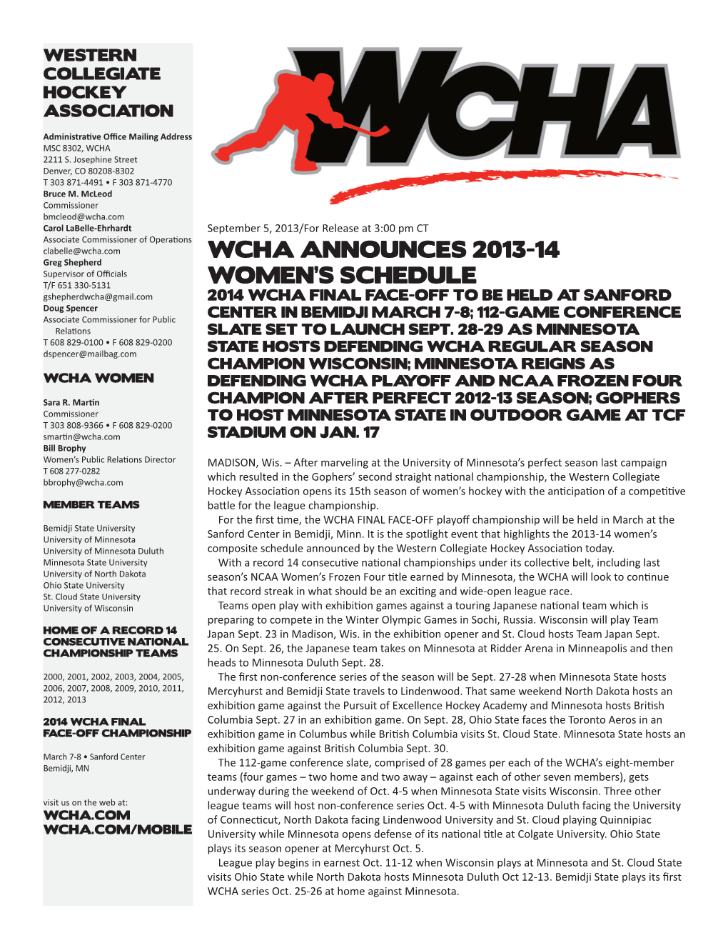 Wcha Announces 2013-14 Women's Schedule