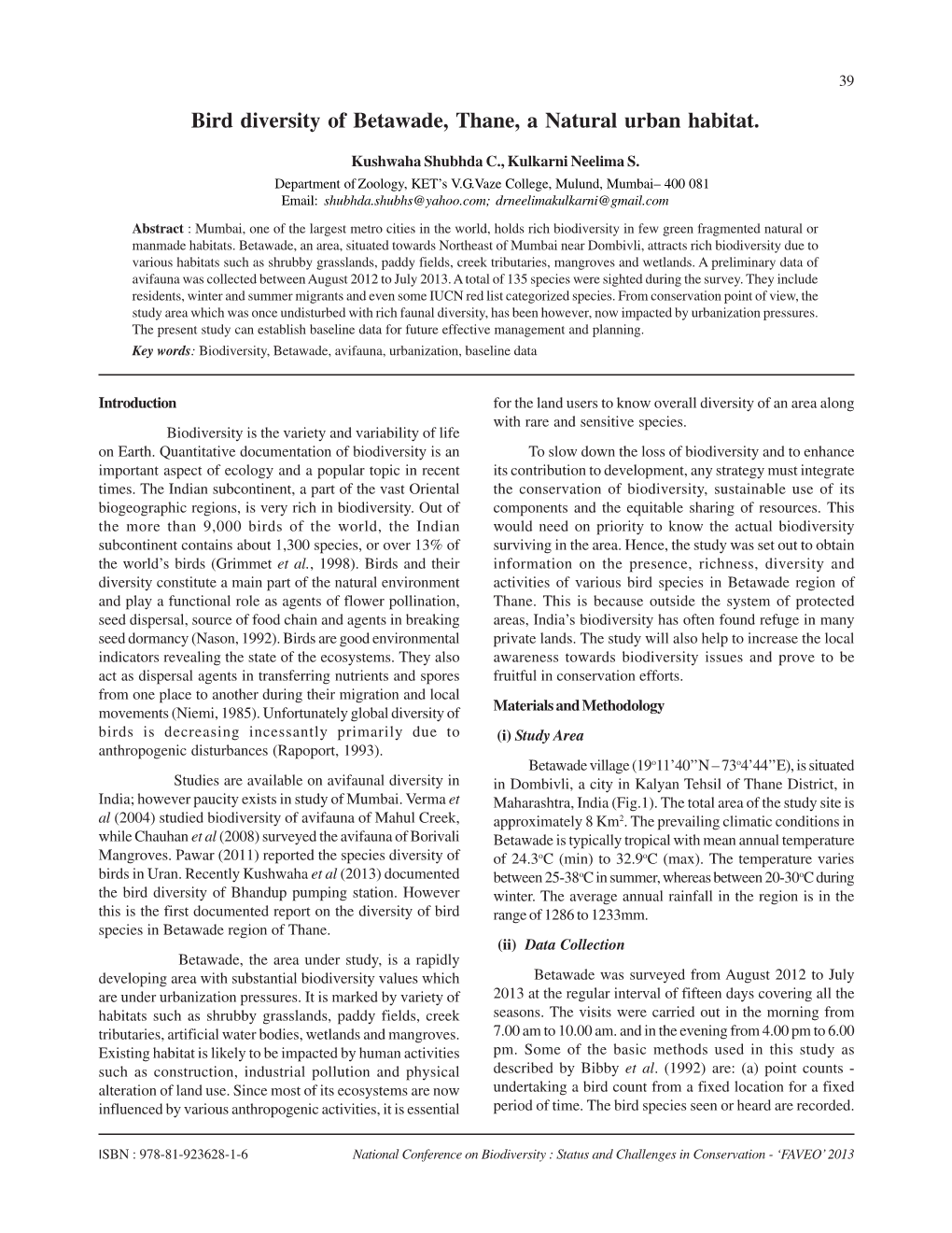 Bird Diversity of Betawade, Thane, a Natural Urban Habitat