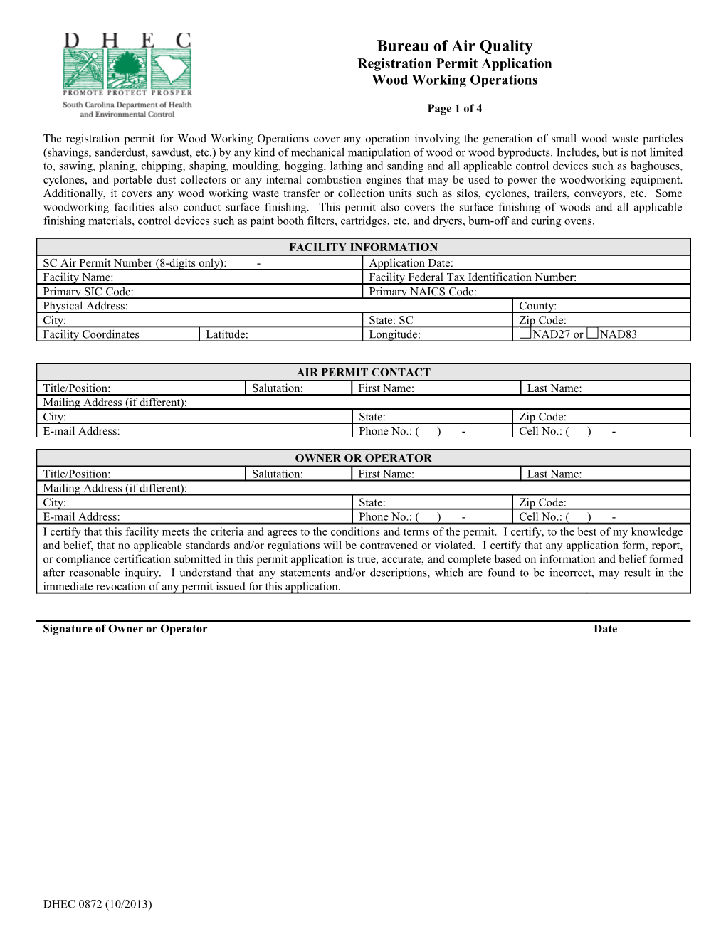 The Registration Permit for Wood Working Operations Cover Any Operation Involving the Generation