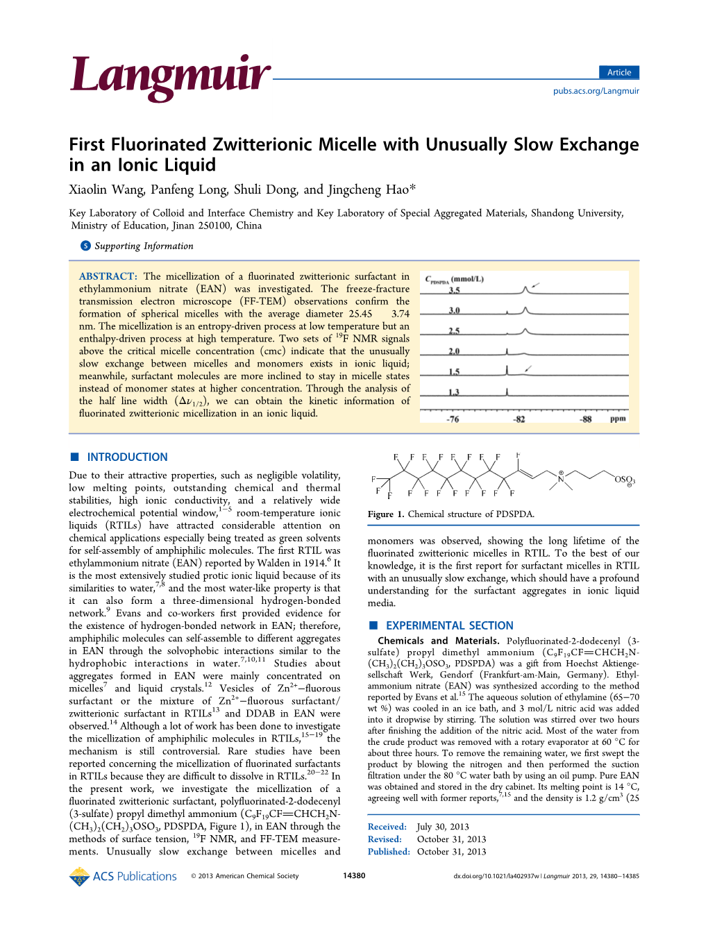 First Fluorinated Zwitterionic Micelle with Unusually Slow Exchange in an Ionic Liquid