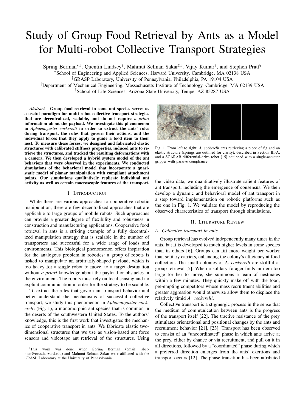 Study of Group Food Retrieval by Ants As a Model for Multi-Robot Collective Transport Strategies