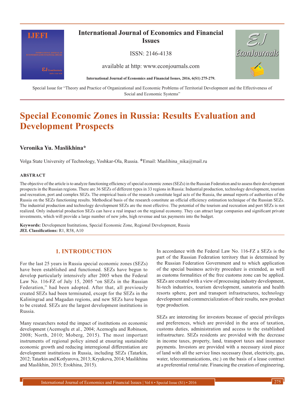 Special Economic Zones in Russia: Results Evaluation and Development Prospects