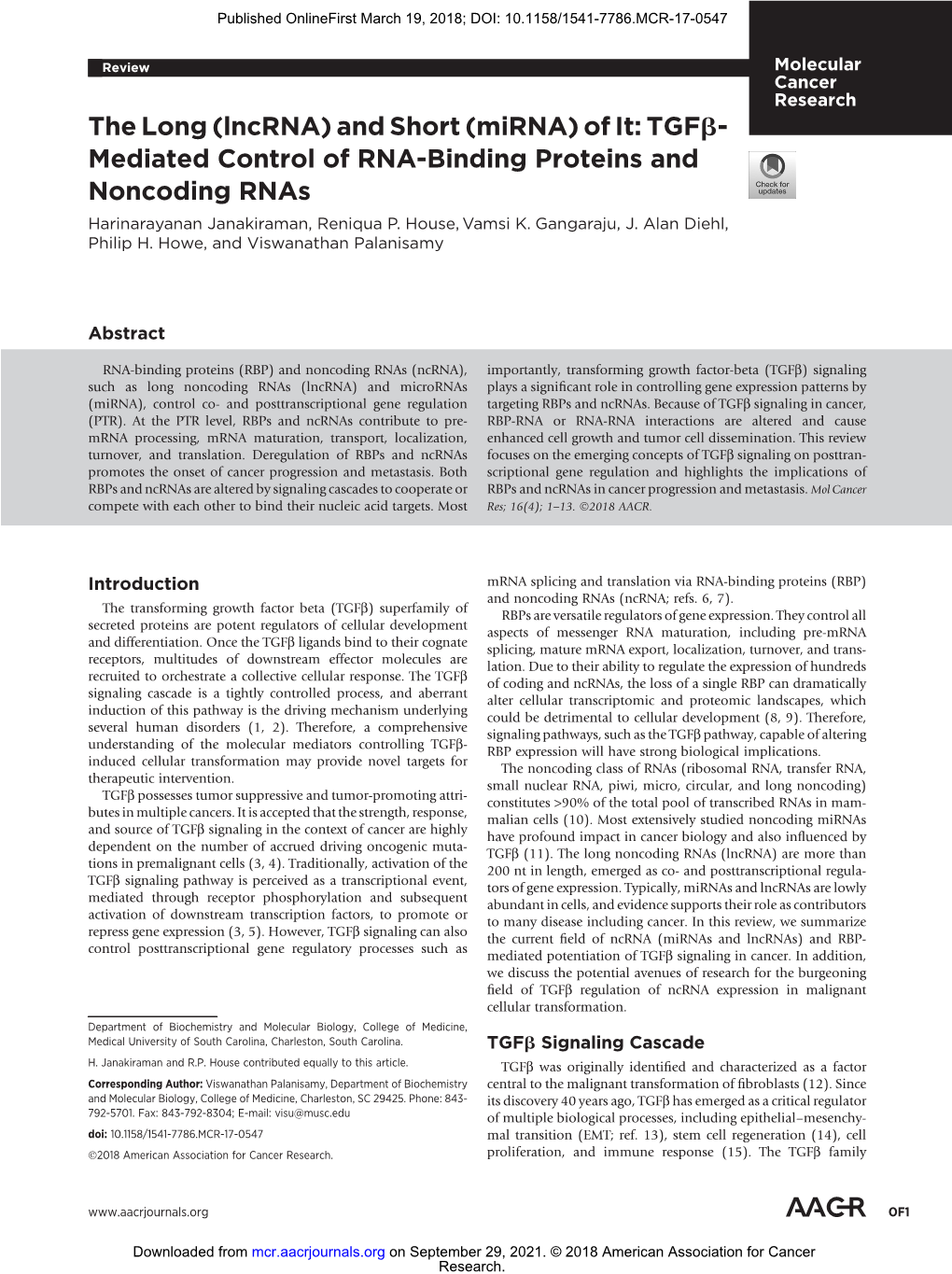 Tgfb- Mediated Control of RNA-Binding Proteins and Noncoding Rnas Harinarayanan Janakiraman, Reniqua P
